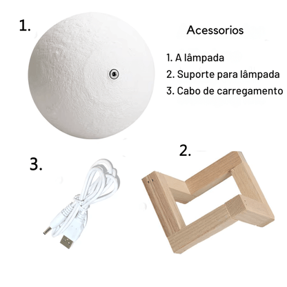 Luminária Lua 3D Multicolorida com Toque – LED Decorativa Recarregável USB