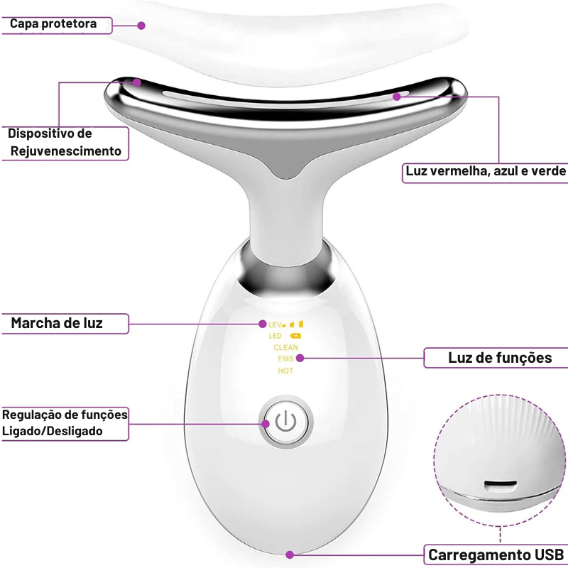 Massageador Facial LED Vibration Pro – Lifting, Firmeza e Rejuvenescimento em Casa