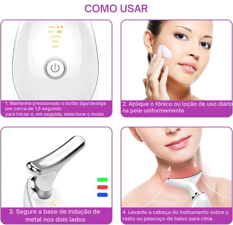 Massageador Facial LED Vibration Pro – Lifting, Firmeza e Rejuvenescimento em Casa